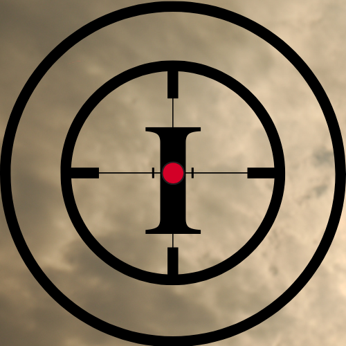 A capital I in the middle of a scope's sight with a red dot that signifies the heart is the target