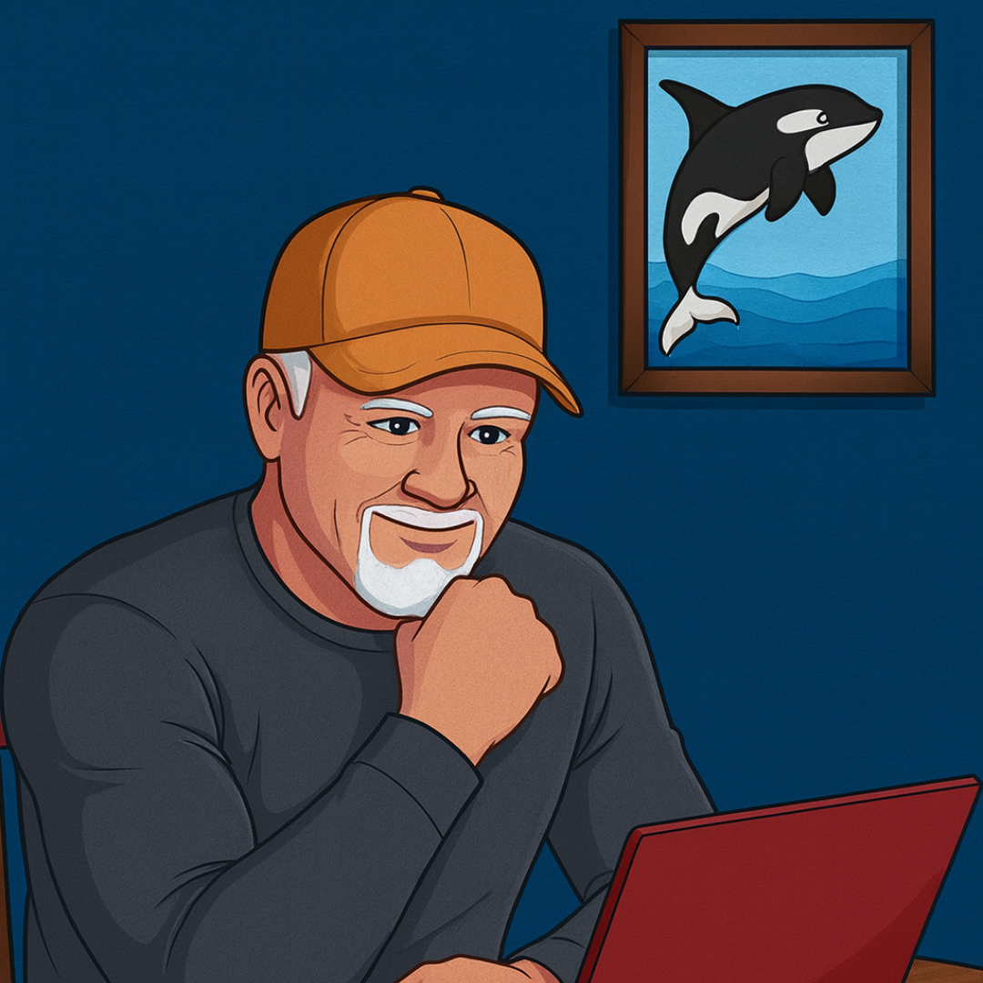 Animated image of Author Jeff Scott at a desk writing with an image of orca in background