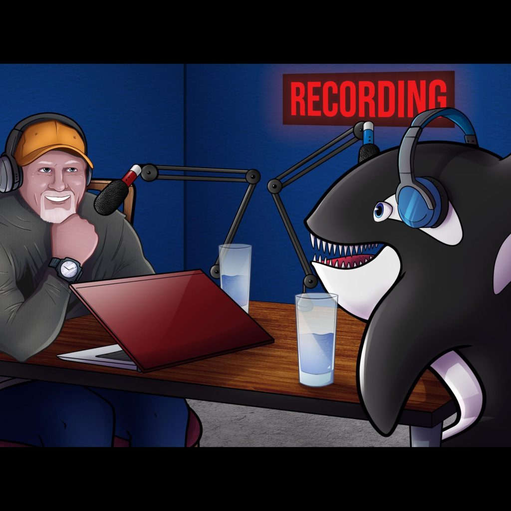 Artwork of Jeff Scott interviewing an Orca